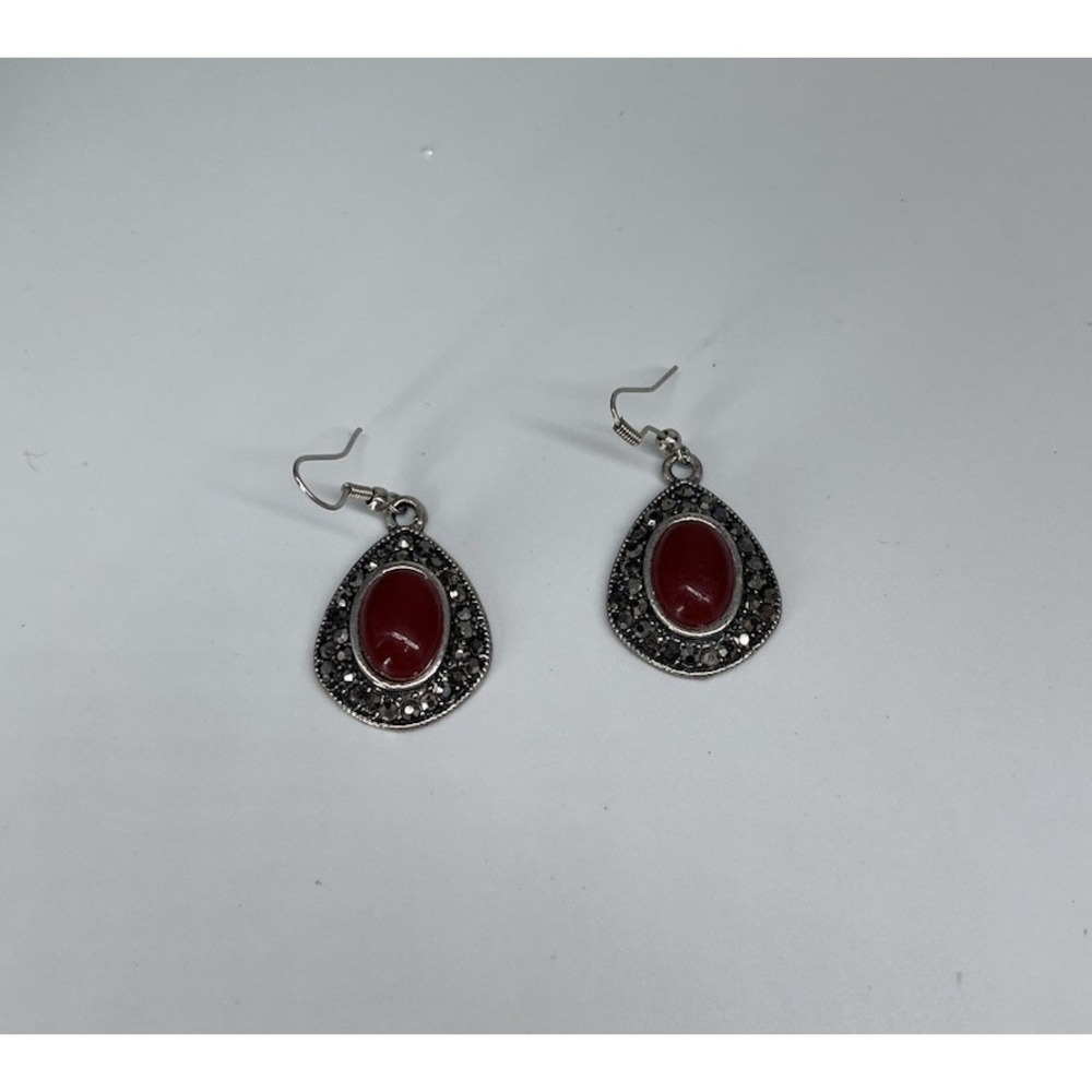Vintage Red Cabochon Drop Earrings Silver‎ Tone Marcasite Style Dangle Pair